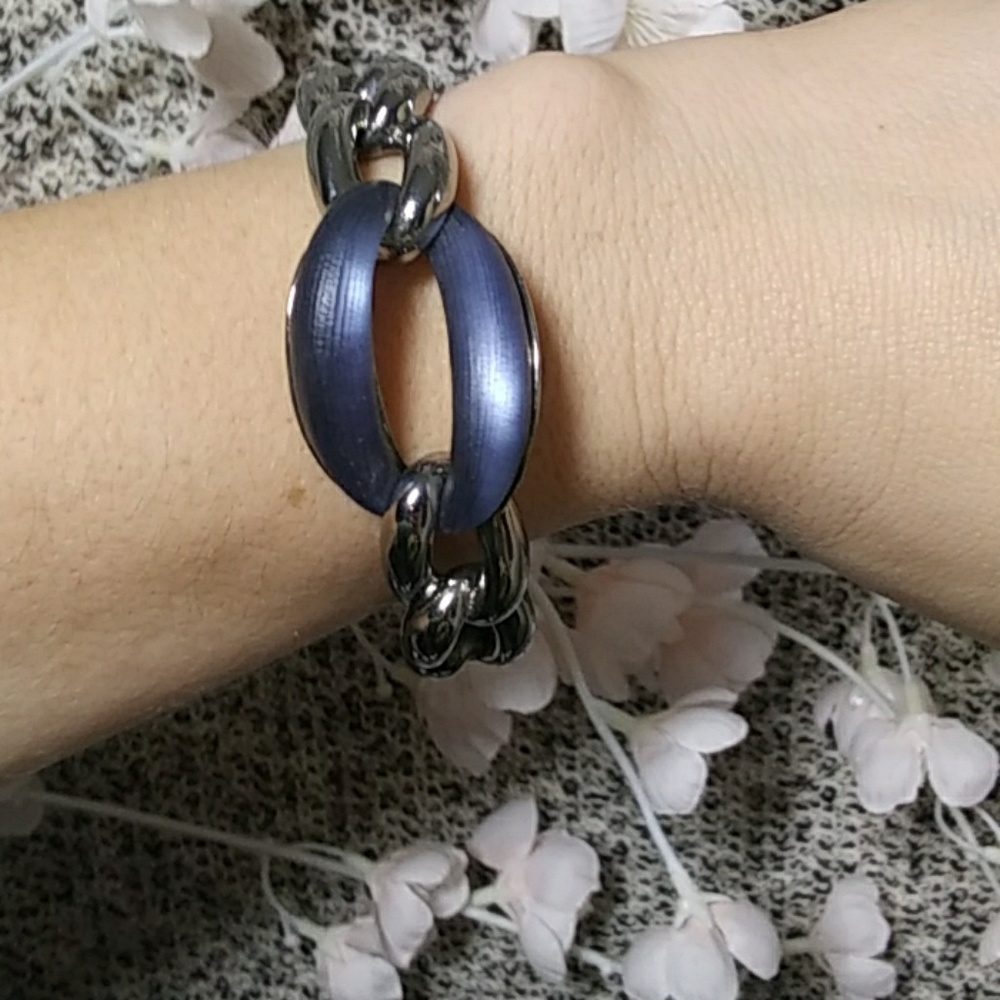 EUC Alexis Bittar Frozen Link Hinge Bangle Gunmetal Chain Blue Grey Lucite
